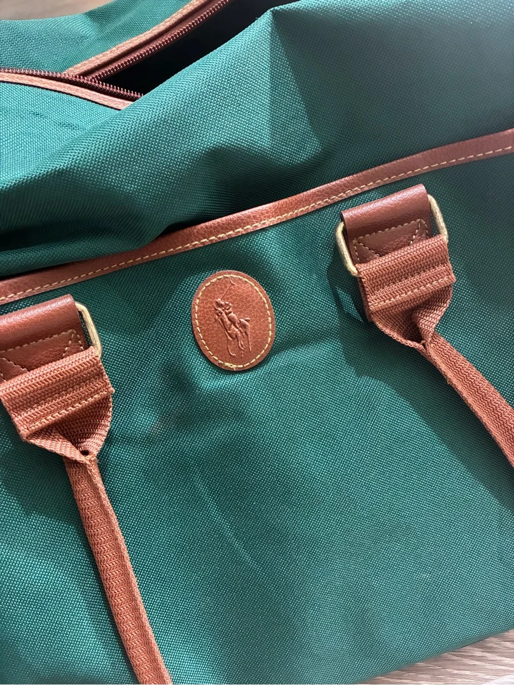 Polo Ralph Lauren Green Canvas Large Duffel with Leather Brown Trim